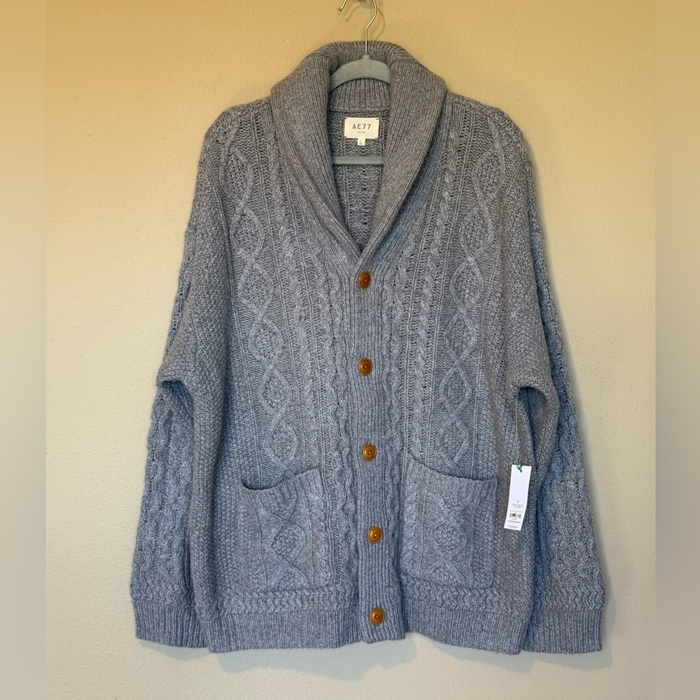 Grey Wool Cashmere Fishermans Knit Cardigan New Size Large AE77 Premium